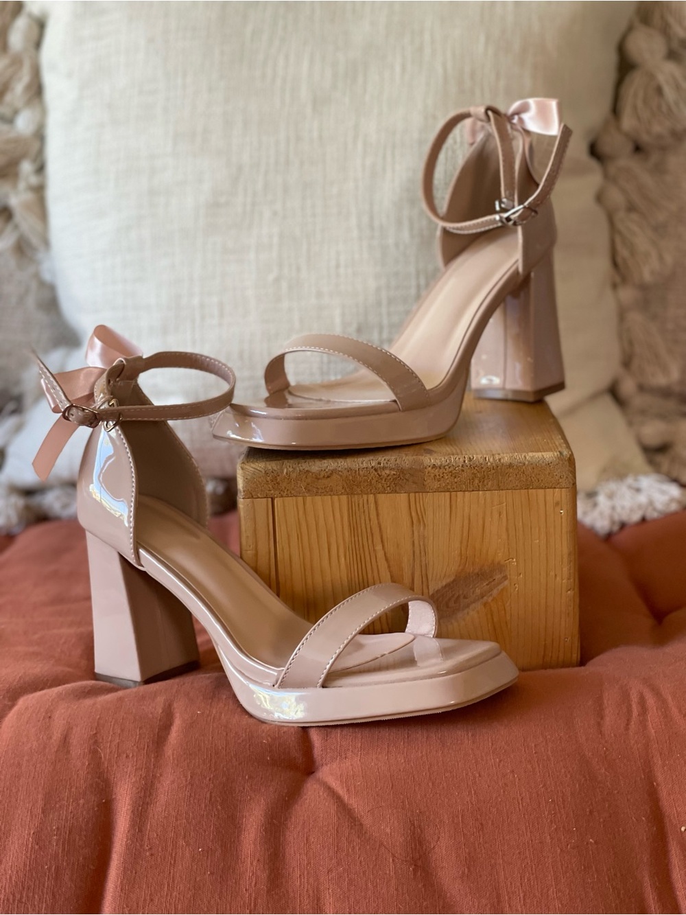 SHEIN Nude Patent Block Heel Ankle-Strap Sandals - Brand